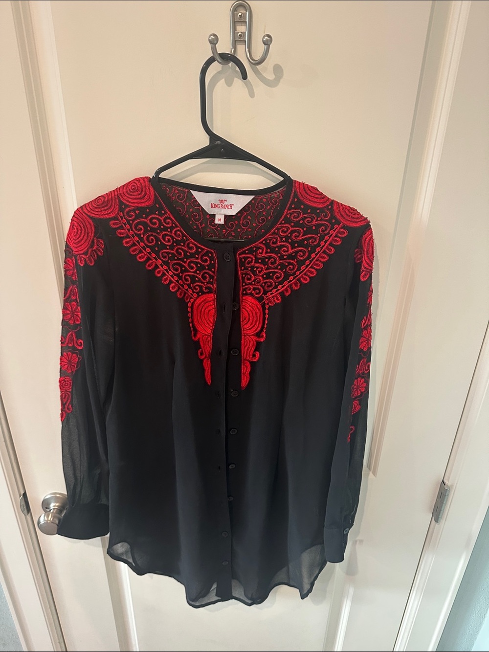 Kensie Black Blouse with Red Embroidered Yoke and Sleeve Detail